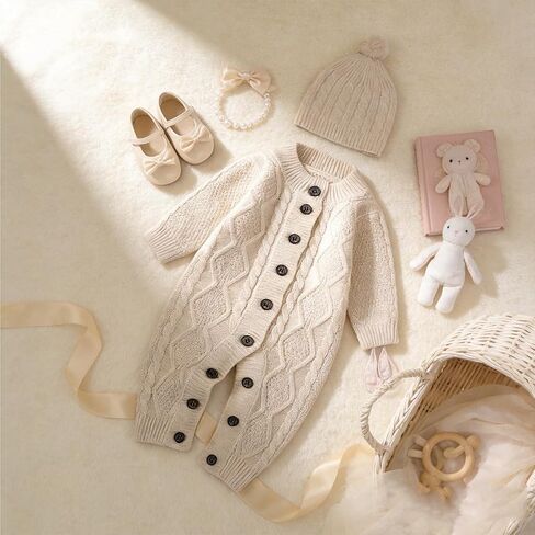 Baby Knit Sweater Romper Newborn Infant Long Sleeve Ribbed Outfit Clothes for Boys Girls with Beanie Hat Set in Kuwait