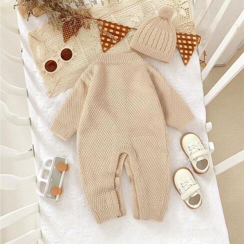 Baby Knit Sweater Romper Newborn Infant Long Sleeve Ribbed Outfit Clothes for Boys Girls with Beanie Hat Set in Kuwait