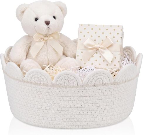 White Scalloped Cotton Rope Gift Basket Decorative Small Woven Basket, Cute Boho Closet Storage Bin for Baby Shower Newborn Photoshoot Prop Bedroom Nursery Toys Organizing, 13 x 9 x 6'' in Saudi Arabia