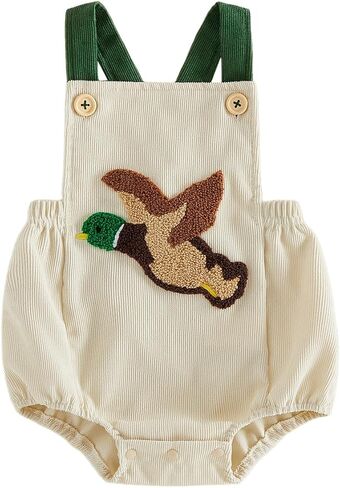 Newborn Baby Boy Clothes Duck Embroidery Halter Sleeveless Romper Jumpsuit Corduroy Hunting Outfit in Kuwait