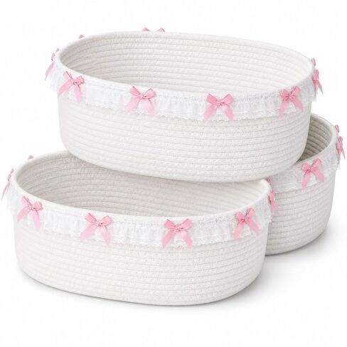 SiliFine 3 Pcs Pink Bow Storage Basket Cute Basket for Gifts Empty | 12" x 8" x 5" Coquette Woven Rope Storage Basket White Lace Organizer Bin for Back to School Nursery Baby Shower Toy in Kuwait