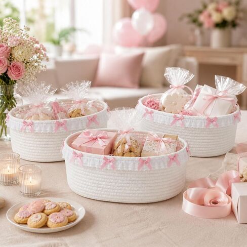SiliFine 3 Pcs Pink Bow Storage Basket Cute Basket for Gifts Empty | 12" x 8" x 5" Coquette Woven Rope Storage Basket White Lace Organizer Bin for Back to School Nursery Baby Shower Toy in Kuwait