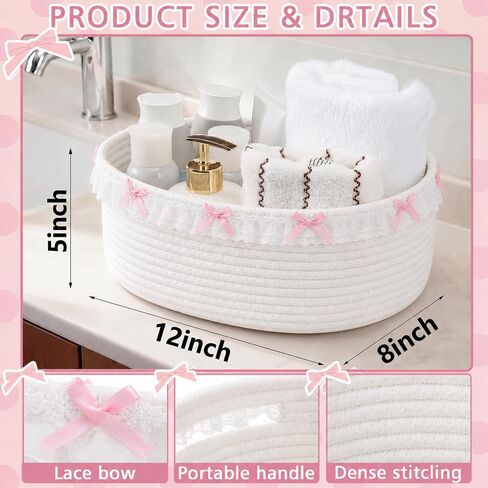 SiliFine 3 Pcs Pink Bow Storage Basket Cute Basket for Gifts Empty | 12" x 8" x 5" Coquette Woven Rope Storage Basket White Lace Organizer Bin for Back to School Nursery Baby Shower Toy in Kuwait