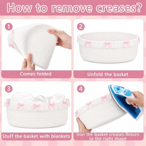 SiliFine 3 Pcs Pink Bow Storage Basket Cute Basket for Gifts Empty | 12" x 8" x 5" Coquette Woven Rope Storage Basket White Lace Organizer Bin for Back to School Nursery Baby Shower Toy in Kuwait