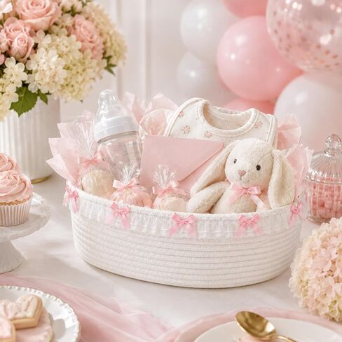 SiliFine 3 Pcs Pink Bow Storage Basket Cute Basket for Gifts Empty | 12" x 8" x 5" Coquette Woven Rope Storage Basket White Lace Organizer Bin for Back to School Nursery Baby Shower Toy in Kuwait