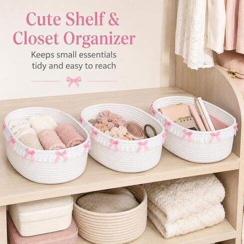 SiliFine 3 Pcs Pink Bow Storage Basket Cute Basket for Gifts Empty | 12" x 8" x 5" Coquette Woven Rope Storage Basket White Lace Organizer Bin for Back to School Nursery Baby Shower Toy in Kuwait