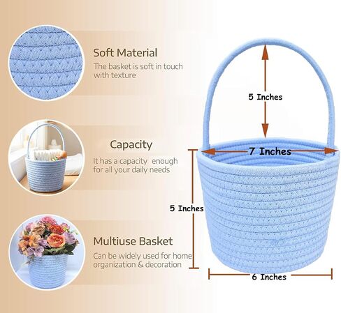 Prudance 6" x 5" Small Cotton Rope Basket with Handle,Blue,Favors Basket | Woven Gift Basket, for Birthday, Baby Shower,Easter, Christmas, Home Decor in Kuwait
