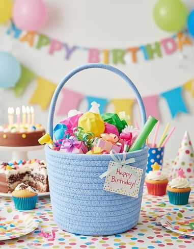 Prudance 6" x 5" Small Cotton Rope Basket with Handle,Blue,Favors Basket | Woven Gift Basket, for Birthday, Baby Shower,Easter, Christmas, Home Decor in Kuwait