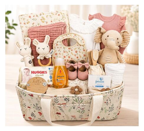 Premium Baby Girl Gift Basket for Newborn Baby & Parents, Floral Baby Gift Set from Grandma, Diaper Bag Organizer Basket, Baby Clothes, Blanket, Bath Essentials, Pink Shoes & Keepsake Birth Sign in Kuwait