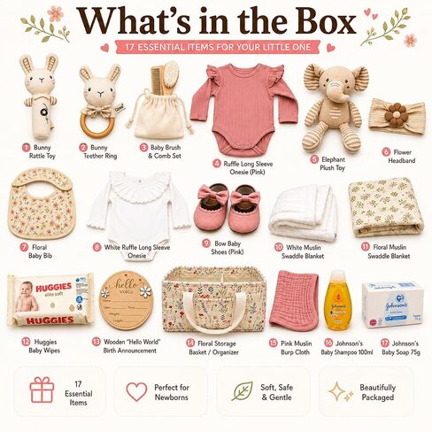 Premium Baby Girl Gift Basket for Newborn Baby & Parents, Floral Baby Gift Set from Grandma, Diaper Bag Organizer Basket, Baby Clothes, Blanket, Bath Essentials, Pink Shoes & Keepsake Birth Sign in Kuwait
