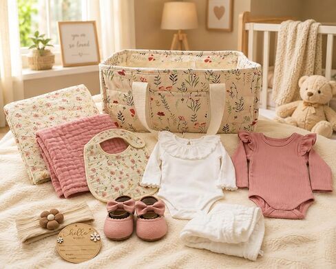 Premium Baby Girl Gift Basket for Newborn Baby & Parents, Floral Baby Gift Set from Grandma, Diaper Bag Organizer Basket, Baby Clothes, Blanket, Bath Essentials, Pink Shoes & Keepsake Birth Sign in Kuwait