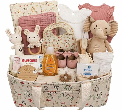 Premium Baby Girl Gift Basket for Newborn Baby & Parents, Floral Baby Gift Set from Grandma, Diaper Bag Organizer Basket, Baby Clothes, Blanket, Bath Essentials, Pink Shoes & Keepsake Birth Sign in Kuwait