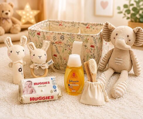 Premium Baby Girl Gift Basket for Newborn Baby & Parents, Floral Baby Gift Set from Grandma, Diaper Bag Organizer Basket, Baby Clothes, Blanket, Bath Essentials, Pink Shoes & Keepsake Birth Sign in Kuwait