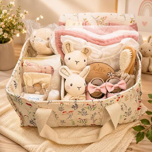 Premium Baby Girl Gift Basket for Newborn Baby & Parents, Floral Baby Gift Set from Grandma, Diaper Bag Organizer Basket, Baby Clothes, Blanket, Bath Essentials, Pink Shoes & Keepsake Birth Sign in Kuwait