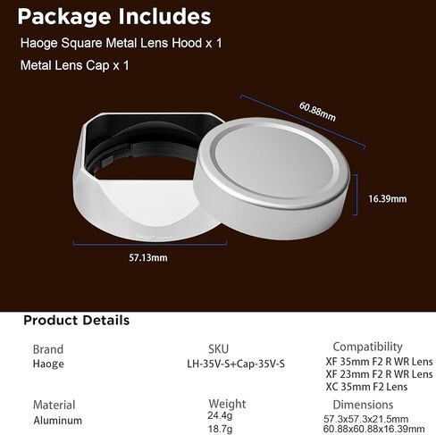 Haoge Bayonet Metal Square Lens Hood for Fujifilm XF 35mm F2 R WR & XF 23mm F2 R WR & XC 35mm F2 Lenses on X-T5 XE4 XM5 XT30III Camera Body Accessories LH-35V-S Silver,with Cap in Kuwait