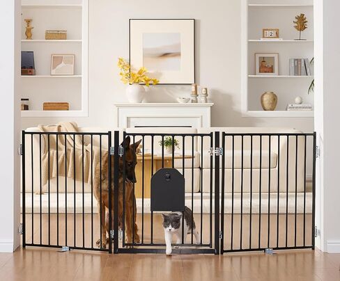 No Pawblems Dog Gate with Cat Door, Free Standing 30'' Tall Foldable Dog Fence for Indoor & Outdoor, Up to 78 Inch Extra Wide Puppy Gate for Stairs, Hallways, Doorways, Deck, Yard (Black, 3 Panels) in Kuwait