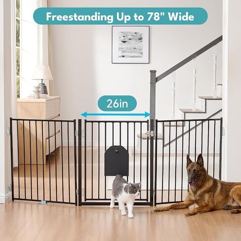 No Pawblems Dog Gate with Cat Door, Free Standing 30'' Tall Foldable Dog Fence for Indoor & Outdoor, Up to 78 Inch Extra Wide Puppy Gate for Stairs, Hallways, Doorways, Deck, Yard (Black, 3 Panels) in Kuwait