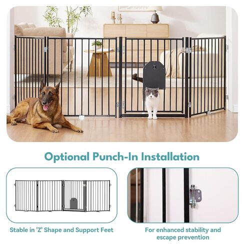 No Pawblems Dog Gate with Cat Door, Free Standing 30'' Tall Foldable Dog Fence for Indoor & Outdoor, Up to 78 Inch Extra Wide Puppy Gate for Stairs, Hallways, Doorways, Deck, Yard (Black, 3 Panels) in Kuwait