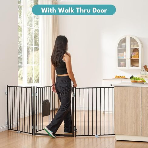 No Pawblems Dog Gate with Cat Door, Free Standing 30'' Tall Foldable Dog Fence for Indoor & Outdoor, Up to 78 Inch Extra Wide Puppy Gate for Stairs, Hallways, Doorways, Deck, Yard (Black, 3 Panels) in Kuwait