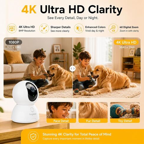 4K Indoor Cameras for Home Security, Pet Camera with Phone App, Indoor Security Camera with AI Human & Pet Detection, 360° Pan Tilt, Auto Tracking, Color Night Vision, Two-Way Audio, Works with Alexa in Kuwait