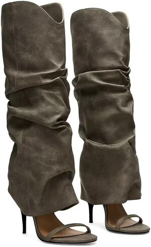 Agodor Slouchy Knee High Boots for Women Slouched Ruched Stiletto Heeled Sandals Round Open Toe Boots Pull On Fashion Tall Boot in Kuwait