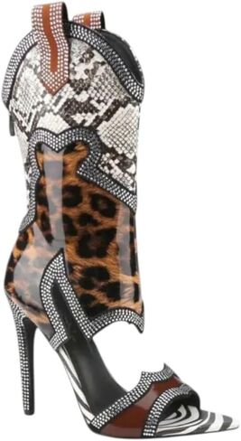 Women Rhinestone Open Toe High Heel Short Booties Sexy Western Mid-calf Boots in Kuwait