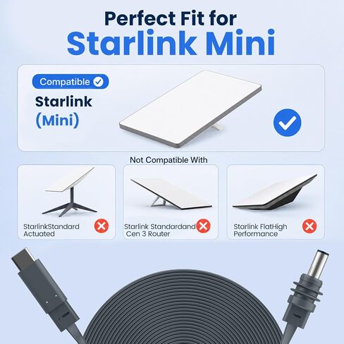 Starlink Mini USB C to DC Power Cable 32.8FT/10M,100W Flat USB Type-C to DC5521 Power Cord for Starlink Mini, Weather-Resistant Outdoor Cable, Works with 100W+ PD Power Bank and PD Charger in Kuwait