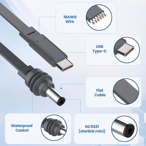 Starlink Mini USB C to DC Power Cable 32.8FT/10M,100W Flat USB Type-C to DC5521 Power Cord for Starlink Mini, Weather-Resistant Outdoor Cable, Works with 100W+ PD Power Bank and PD Charger in Kuwait