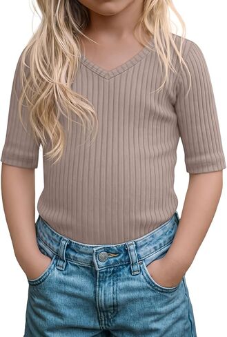 Toddler Girls Short Sleeve Shirt Cotton Ribbed Slim Fit V Neck Elbow Length Casual Soft Basic Top Kids Summer Tee in Kuwait
