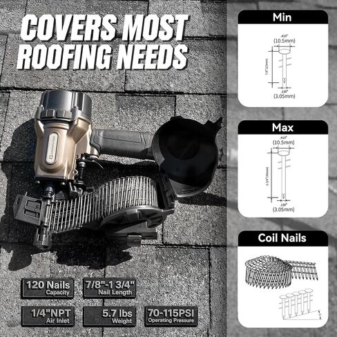 Roofing Nailer, Professional-Grade Pneumatic Nailer, Nailer 15 Degree 7/8″ to 1-3/4″ Roofing Nails, 120-Nail Coil Capacity, 70–115 PSI, Suitable for Asphalt Shingles, Fencing, and Wood Siding, CCN45 in Kuwait