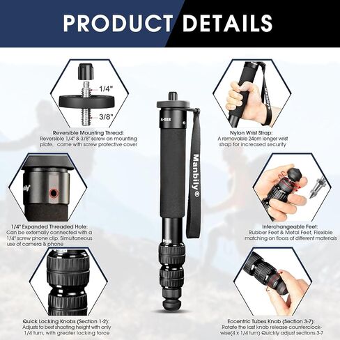 Manbily A-888 Camera Monopod, Length 32cm - 156cm, Aluminum Monopods for Cameras 7 Sections, Compact Travel Portable Selfie Stick for DSLR Smartphone Concert Festival in Kuwait