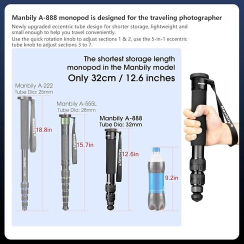 Manbily A-888 Camera Monopod, Length 32cm - 156cm, Aluminum Monopods for Cameras 7 Sections, Compact Travel Portable Selfie Stick for DSLR Smartphone Concert Festival in Kuwait