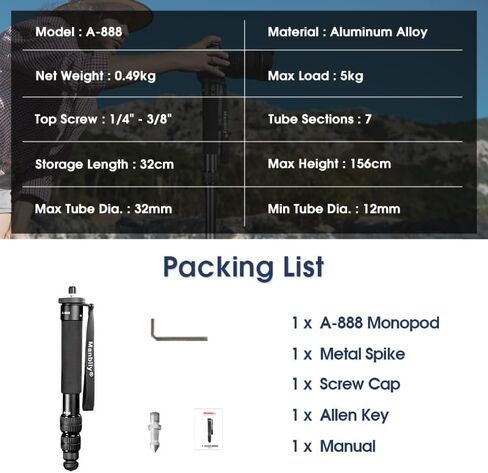 Manbily A-888 Camera Monopod, Length 32cm - 156cm, Aluminum Monopods for Cameras 7 Sections, Compact Travel Portable Selfie Stick for DSLR Smartphone Concert Festival in Kuwait
