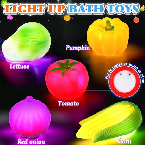 TSDATOWR Light Up Bath Toys, No Hole Vegetable Soup Set for Toddlers | LED Pretend Cooking Playset for Kids Ages 3-5 With Slotted Spoon, Soup Pot and Mesh Bag for Bathtub, Pool, or Beach in Kuwait
