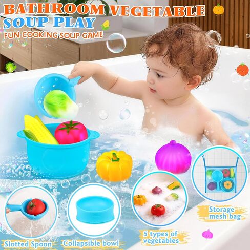 TSDATOWR Light Up Bath Toys, No Hole Vegetable Soup Set for Toddlers | LED Pretend Cooking Playset for Kids Ages 3-5 With Slotted Spoon, Soup Pot and Mesh Bag for Bathtub, Pool, or Beach in Kuwait