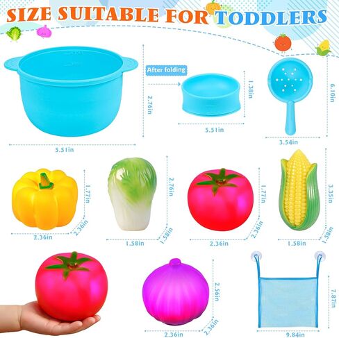 TSDATOWR Light Up Bath Toys, No Hole Vegetable Soup Set for Toddlers | LED Pretend Cooking Playset for Kids Ages 3-5 With Slotted Spoon, Soup Pot and Mesh Bag for Bathtub, Pool, or Beach in Kuwait
