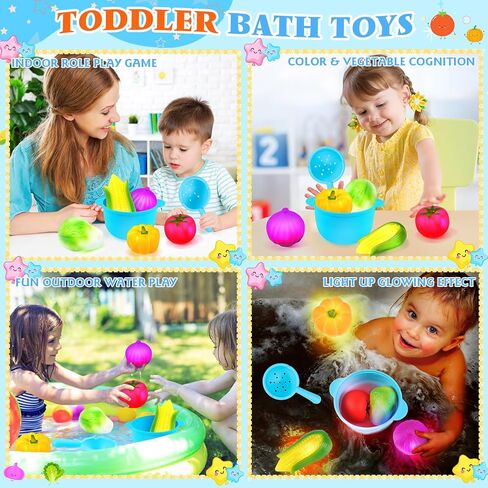 TSDATOWR Light Up Bath Toys, No Hole Vegetable Soup Set for Toddlers | LED Pretend Cooking Playset for Kids Ages 3-5 With Slotted Spoon, Soup Pot and Mesh Bag for Bathtub, Pool, or Beach in Kuwait