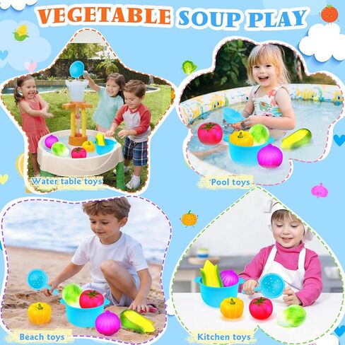 TSDATOWR Light Up Bath Toys, No Hole Vegetable Soup Set for Toddlers | LED Pretend Cooking Playset for Kids Ages 3-5 With Slotted Spoon, Soup Pot and Mesh Bag for Bathtub, Pool, or Beach in Kuwait