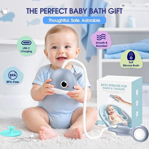 Whale Baby Bath Sprayer, Control the Flow Hands-Free 2 Gentle Modes | Rechargeable baby bath sprayer with wall-mounted suction, hands-free shower for newborns & toddlers, gentle hair & body rinse in Kuwait