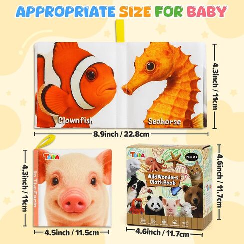 Taika 6PCS Soft Books, Cloth Books, Bath Toy, Preschool Learning Toy | Washable Non-toxic, Soft Fabric Shower Toy, Wild Wonders World, Educational Learning for Baby Infant, Crinkle Squeaky in Kuwait