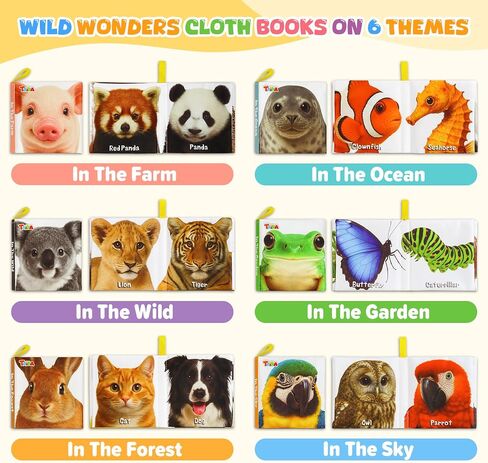 Taika 6PCS Soft Books, Cloth Books, Bath Toy, Preschool Learning Toy | Washable Non-toxic, Soft Fabric Shower Toy, Wild Wonders World, Educational Learning for Baby Infant, Crinkle Squeaky in Kuwait