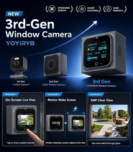 5MP Window Camera with 2" Screen, Motion-Wake Display, Person & Motion Detection, 2.4/5GHz WiFi Indoor & Outdoor Security Cameras, Color Night Vision, Anti-Glare, 24/7 Recording, No-Drilling in Kuwait