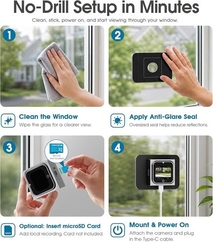 5MP Window Camera with 2" Screen, Motion-Wake Display, Person & Motion Detection, 2.4/5GHz WiFi Indoor & Outdoor Security Cameras, Color Night Vision, Anti-Glare, 24/7 Recording, No-Drilling in Kuwait
