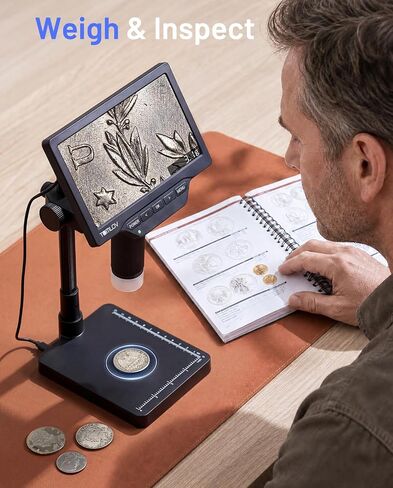 TOMLOV Coin Microscope with Weighing Scale, 7" Digital Magnifier DM4W Max | 2K Full View Coin Scope, 0.1g Accuracy, LED Lights, Weight Scale for Coin Collectors, Jeweler, Students, Win/Mac Compatible in Kuwait