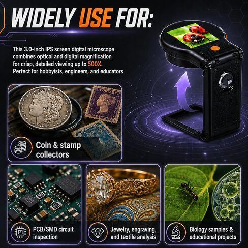 500X Handheld Digital Microscope with 2" IPS Screen, Digital Magnifying Glass 1080P Auto Focus, PC Connect, Memory, Photo/Video Capture, 500x Magnification Portable Microscope for Kids, Coins in Kuwait