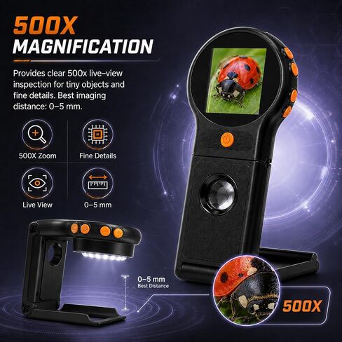 500X Handheld Digital Microscope with 2" IPS Screen, Digital Magnifying Glass 1080P Auto Focus, PC Connect, Memory, Photo/Video Capture, 500x Magnification Portable Microscope for Kids, Coins in Kuwait