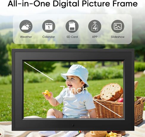 7 Inch WiFi Digital Picture Frame, Electronic Photo Frame with App Control, IPS Display 1024x600, Up to 256GB Storage, Ideal Gifts for Parents, Kids, Friends in Kuwait