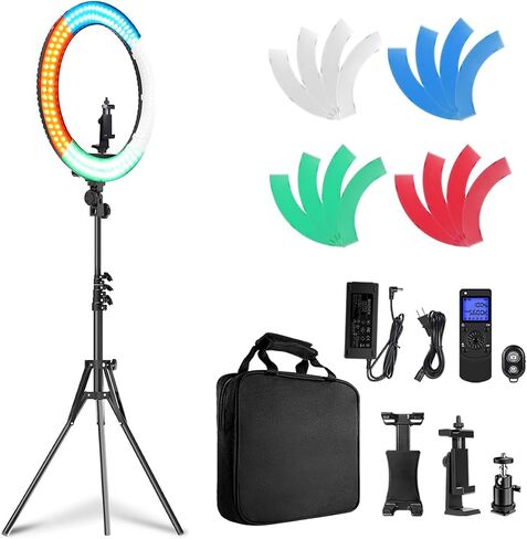 18" Ring Light with Wall Mount Stand and Wireless Remote, 4 Color Filters Bi-Color LCD Display 60W 3000-5800K CRI≥97 Light Ring for Video Recording/Photography/Beauty Shop/Tattoo/Barber in Kuwait