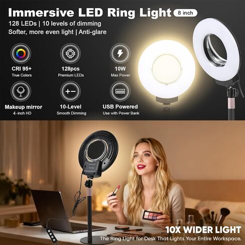 Desk Ring Light with Mirror & Stand, 4" HD Makeup Mirror 360° Rotatable,10W Dimmable LED Desk Lamp with Phone Holder & Stand,for Live Streaming,Makeup,Video,Zoom Call,Vlogging,TikTok in Kuwait