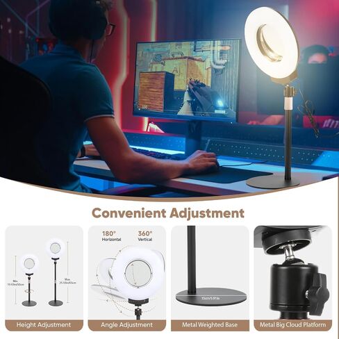 Desk Ring Light with Mirror & Stand, 4" HD Makeup Mirror 360° Rotatable,10W Dimmable LED Desk Lamp with Phone Holder & Stand,for Live Streaming,Makeup,Video,Zoom Call,Vlogging,TikTok in Kuwait